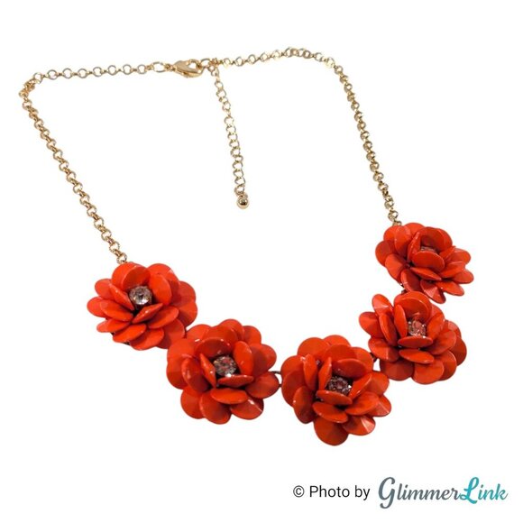 Red Orange Flower Cluster Statement Floral Bib Gold Tone Necklace - Picture 5 of 9